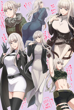 Rule 34 | 1girl, arms up, artist name, ass, belt, black gloves, black nails, black shorts, breasts, character name, coat, commentary request, crop top, dress, gloves, highres, houndstooth, inumichi sawako, jewelry, long hair, long sleeves, medium breasts, midriff, multiple views, navel, necklace, pouch, quinn (teenage mercenary), scarf, shorts, teenage mercenary, thigh strap, white dress