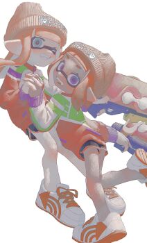 Rule 34 | 2girls, :d, beanie, black shorts, blue eyes, blunt bangs, blush, chiikawa, commentary request, dolphin shorts, foot out of frame, grin, hat, highres, holding, holding hands, holding weapon, inkling, inkling girl, inkling player character, jacket, long hair, looking at viewer, medium hair, multicolored jacket, multiple girls, nintendo, one eye closed, open mouth, orange hair, orange headwear, orange trim, pointy ears, purple eyes, shorts, smile, splatoon (series), splattershot (splatoon), standing, standing on one leg, teeth, tentacle hair, tiripow, weapon, white background, white footwear