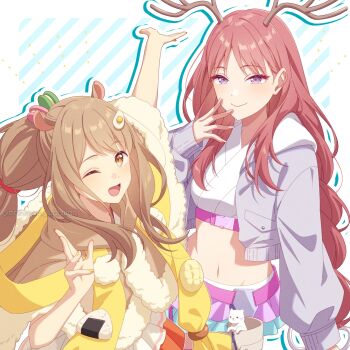 Rule 34 | 2girls, ;d, animal ears, antlers, arm up, ayatsumugi roka, braid, brown eyes, brown hair, cho kaguya-hime!, closed mouth, commentary request, cowboy shot, cropped shirt, diagonal-striped background, egg hair ornament, food, food-themed hair ornament, hair ornament, hand up, highres, hood, hood down, horns, isayama mami, jacket, long hair, long sleeves, looking at viewer, multiple girls, navel, one eye closed, onigiri, open clothes, open jacket, open mouth, outline, outstretched arm, pochimaru (marumaru wanwan), purple eyes, purple jacket, red hair, reindeer antlers, shirt, smile, squirrel ears, standing, striped background, white outline, white shirt