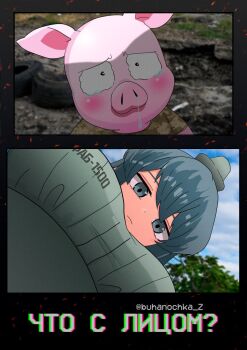 Rule 34 | 1girl, 1other, 2koma, accel world, aerial bomb, arita haruyuki, breasts, buhanochka z, camouflage, camouflage shirt, chromatic aberration, clothes writing, cloud, cloudy sky, comic, crying, crying with eyes open, digital camouflage, from below, grass, grey eyes, grey hair, grey hat, grey shirt, hat, highres, large breasts, looking at viewer, looking down, personification, photo background, piglet, pov, russian air force, russo-ukrainian war, shadow, shadow over face, shirt, sky, tears, telegram id, translated, tree