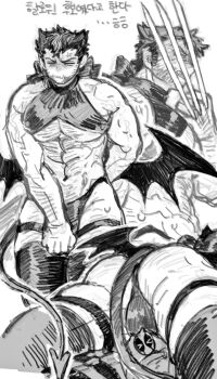 2boys abs alternate_costume arm_hair ass back bara bare_pectorals beard blush bulge chest_hair claw_(weapon) clenched_hand couple deadpool deadpool_&amp;_wolverine deadpool_(series) demon_tail demon_wings dishing erection erection_under_clothes facial_hair full-face_blush hairy highres large_pectorals lying_on_person male_focus marvel marvel monochrome multiple_boys muscular muscular_male navel open_mouth pectorals revealing_clothes short_hair tail teeth thighhighs thighs translation_request underpec veins veiny_arms weapon wings wolverine_(x-men) x-men yaoi