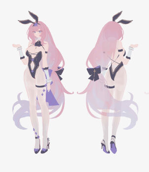 1girl absurdres animal_ear_hairband animal_ears ass bare_shoulders black_leotard blue_eyes breasts chinese_commentary cleavage closed_mouth clothing_cutout commentary_request elysia_(honkai_impact) fake_animal_ears flat_ass full_body grey_background hairband hand_up high_heels highres honkai_(series) honkai_impact_3rd large_breasts leotard long_hair looking_at_viewer pantyhose pink_hair playboy_bunny pmmg purple_shoes rabbit_ear_hairband rabbit_ears reference_sheet shoes simple_background smile solo stomach_cutout strapless strapless_leotard thigh_strap very_long_hair white_pantyhose