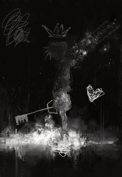 1boy crown english_text floating_crown fuyumurasaki greyscale heart highres holding holding_weapon keyblade kingdom_hearts male_focus monochrome painterly shoes shorts solo sora_(kingdom_hearts) spiked_hair weapon wings