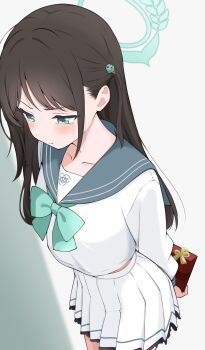 Rule 34 | 1girl, absurdres, airi (blue archive), blue archive, blush, bow, bowtie, box, breasts, brown hair, collarbone, commentary request, crying, gift, gift box, green bow, green bowtie, green eyes, green halo, green sailor collar, hair ornament, halo, highres, holding, holding box, kurumi kororin, long hair, looking down, medium breasts, pleated skirt, sailor collar, shirt, skirt, solo, white shirt, white skirt