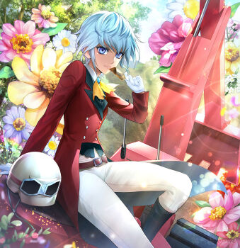 1girl blue_eyes card_(medium) dark-skinned_female dark_skin flower unworn_headwear helmet unworn_helmet machine mutsuba_asana pants ribbon short_sleeves silver_hair sinzitu white_pants yellow_ribbon yu-gi-oh! yu-gi-oh!_sevens