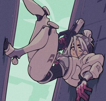 1girl android bad_link bad_reddit_link cropped_jacket doobermcgoober gun headband highres holding holding_gun holding_weapon joints marathon_(2026) marathon_(series) robot_joints shotgun skin_seams solo thief_(marathon) weapon white_hair