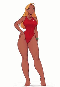 Rule 34 | 1girl, absurdres, ahoge, artist name, barefoot, blonde hair, breasts, commentary, curvy, dark-skinned female, dark skin, english commentary, full body, green eyes, hand on own hip, highleg, highleg one-piece swimsuit, highres, large breasts, lifeguard, lifeguard (lilo &amp; stitch), lilo &amp; stitch, long hair, one-piece swimsuit, raichiyo33, red one-piece swimsuit, signature, simple background, standing, swimsuit, thick thighs, thighs, toes, watch, white background, wide hips, wristwatch