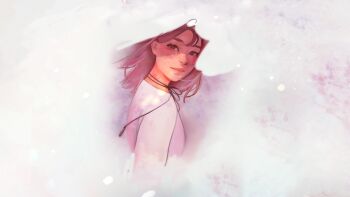 1girl angela_he blending bob_cut brown_eyes freckles highres looking_at_viewer looking_back missed_messages neck_ribbon non-web_source official_art pink_hair ribbon short_hair smile snow snowing solo sweater upper_body white_sweater