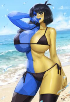 1girl absurdres arm_up beach bikini breasts cleavage curvy ena_(ena) ena_(series) female_focus highres kyopink large_breasts long_hair looking_at_viewer multicolored_skin navel skindentation solo swimsuit thick_thighs thighhighs thighs two-tone_skin wet