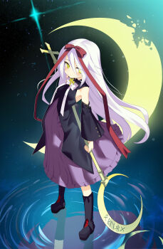 1girl absurdres arm_at_side bare_shoulders black_boots blush boots bow bowtie chinese_commentary closed_mouth commentary_request crescent crescent_moon cross_ornament detached_sleeves dress eyelashes eyes_visible_through_hair frilled_dress frills frown full_body hair_between_eyes hair_bow hair_ribbon highres holding holding_scythe hoshizora_no_memoria long_hair long_ribbon long_sleeves looking_at_viewer mare_s._ephemeral medium_dress moon muchun_(2571268436) night outdoors purple_dress red_bow red_ribbon reflection reflective_liquid ribbon ripples scythe solo standing very_long_hair water white_bow white_bowtie white_hair wide_sleeves yellow_eyes