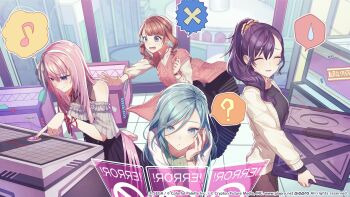 25-ji_luka 4girls ? april_fools aran_sweater arm_behind_back asahina_mafuyu bare_shoulders black_dress black_shirt black_skirt blue_eyes blue_hair blunt_bangs blush bow_hairband box brown_hair brown_pants cable_knit cardigan cityscape closed_eyes colorful_palette commentary_request dress error_message frilled_dress frilled_sleeves frills fujimi_nanna green_dress guest_art hair_between_eyes hair_ornament hair_ribbon hair_scrunchie hairband hand_on_own_face highres hinomori_shizuku holding holding_box holographic_interface lace_shirt light_blue_hair long_hair long_skirt megurine_luka mochizuki_honami mole mole_under_mouth multiple_girls musical_note official_art open_cardigan open_clothes open_mouth outstretched_arm pants pink_hair pink_sweater_vest ponytail pressing_button project_sekai purple_eyes purple_hair red_ribbon ribbon science_fiction scrunchie sega shirt side_ponytail sidelocks skirt spoken_musical_note spoken_question_mark spoken_sweatdrop spoken_x sweatdrop sweater sweater_vest swept_bangs tile_floor tiles very_long_hair vocaloid watch white_shirt window wrist_ribbon wristwatch yellow_sweater