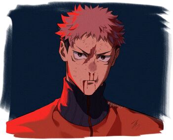 Rule 34 | 1boy, black hair, blood, blood from mouth, blue background, border, commentary, dirty, dirty face, geyuuweo, highres, itadori yuuji, jacket, jujutsu kaisen, looking at viewer, male focus, nosebleed, orange jacket, pink hair, portrait, scar, scar on face, scar on forehead, scar on mouth, short hair, simple background, solo, turtleneck, twitter username, undercut, untranslatable commentary, white border