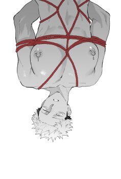 1boy arms_behind_back collarbone commentary greyscale highres itadori_yuuji jujutsu_kaisen large_pectorals looking_at_viewer male_focus mawaru_(ajan) monochrome nipple_piercing nipples nude pectorals piercing short_hair simple_background solo symbol-only_commentary teeth undercut upside-down white_background