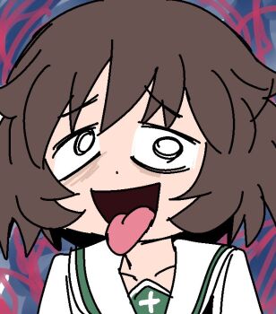 1girl @_@ akiyama_yukari brown_hair chibi chibi_only collarbone commentary_request girls_und_panzer green_shirt grey_background open_mouth ponzu_rui raised_inner_eyebrows red_background school_uniform shirt short_hair standing tongue tongue_out white_cross