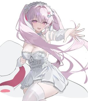 1girl alice_(marchen_dream)_(nikke) alice_(nikke) breasts cleavage detached_sleeves dodosaae dress goddess_of_victory:_nikke hair_ornament headdress highres large_breasts long_hair looking_at_viewer official_alternate_costume open_mouth pink_eyes pink_hair rabbit_hair_ornament simple_background smile solo thighhighs thighs twintails very_long_hair white_background white_dress white_thighhighs