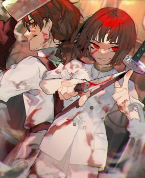 1boy 1girl absurdres alternate_costume anger_vein angry apron arm_up back-to-back beard_stubble black-framed_eyewear black-framed_glasses black_hair blood blood_on_cheek blood_on_clothes blood_on_face blood_on_hand blood_splatter blood_stain bloody_weapon blunt_bangs blunt_ends blurry blurry_background blurry_foreground brown_apron brown_eyes brown_gloves brown_hair bug buttons cigarette cleaver clenched_teeth cockroach cowboy_shot dirty dirty_clothes elbow_gloves evil_grin evil_smile facial_hair formal_clothes glasses gloves gregor's_cockroach_(project_moon) gregor_(project_moon) grin hamelon310 hand_up hands_up highres holding holding_cleaver holding_knife holding_weapon insect jacket katana kitchen_knife knife limbus_company long_hair long_sleeves looking_at_another looking_at_viewer looking_back looking_to_the_side low_ponytail mouth_hold official_alternate_costume pants parted_bangs parted_lips pointing pointing_at_viewer ponytail project_moon r.b._(identity)_(project_moon) red_eyes reverse_grip ryoshu_(project_moon) scabbard scowl semi-rimless_eyewear sheath sheathed short_hair smile smirk smoke smoking standing stubble suit sweater sword teeth turtleneck turtleneck_sweater under-rim_eyewear weapon weapon_on_back white_jacket white_pants white_sweater yellow_eyes