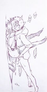 1boy 1girl against_wall cagliostro_(granblue_fantasy) cape closed_eyes commentary_request corrupted_twitter_file cum gran_(granblue_fantasy) granblue_fantasy heart hetero highres hug jacket long_hair monochrome sex solo standing suspended_congress thighhighs traditional_media tsukareta_san