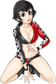 alternate_hairstyle black_hair breasts cleavage cleft_of_venus clothes_pull dead_or_alive gluteal_fold highres kneeling large_breasts looking_at_viewer midriff navel pai_chan shirt_pull short_hair short_shorts shorts teevo thighs transparent_background virtua_fighter