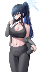 Rule 34 | 1girl, absurdres, black hair, black jacket, black pants, blue archive, blue eyes, blue hair, blue halo, blush, breasts, cleavage, collarbone, colored inner hair, cowboy shot, halo, highres, holding, jacket, large breasts, long hair, mea (hwaksal), multicolored hair, navel, open clothes, open jacket, open mouth, pants, ponytail, saori (blue archive), simple background, solo, sweat, white background, yoga pants