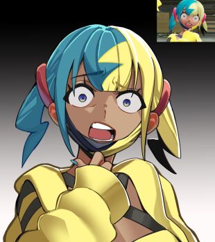 1girl aqua_hair bandeau black_mask blonde_hair blue_eyes breasts canari_(pokemon) center-flap_bangs ceroccb criss-cross_straps dark-skinned_female dark_skin game_screenshot_inset highres long_sleeves mask mask_pull medium_breasts mouth_mask multicolored_hair nintendo open_mouth pokemon pokemon_legends:_z-a short_twintails solo split-color_hair surprised twintails two-tone_mask upper_body wide-eyed yellow_bandeau yellow_mask