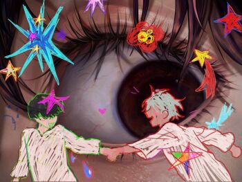 0oivao0 2boys alien_stage black_eyes black_hair commentary drawing_(object) english_commentary eyelashes flower grey_hair highres holding_hands ivan_(alien_stage) long_sleeves multiple_boys open_mouth red_flower running shirt short_hair smile till_(alien_stage) white_shirt