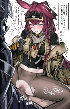 1boy 1girl absurdres animal_ears arknights black_gloves black_pantyhose blush breasts censored coat commentary_request doctor_(arknights) gloves grabbing_another's_breast groping highres long_hair mosaic_censoring multicolored_hair navel open_clothes open_coat pantyhose purple_eyes purple_hair rabbit_ears rabbit_girl ray_(arknights) scarf small_breasts soystar speech_bubble spread_legs streaked_hair sweat torn_clothes torn_pantyhose translation_request vaginal yellow_gloves