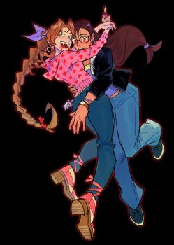 Rule 34 | 2girls, aerith gainsborough, arms around neck, black background, black jacket, blue footwear, blue pants, blue ribbon, blue shirt, braid, braided ponytail, breasts, brown hair, cosplay, denim, earrings, fangs, final fantasy, final fantasy vii, full body, glasses, green eyes, hair ribbon, hair tie, heart, heart earrings, heart print, high heel sandals, holding, holding lighter, hood, hood down, hoodie, jacket, jeans, jennifer's body, jennifer check (cosplay), jewelry, lighter, long hair, long sleeves, low-tied long hair, medium breasts, merorine, midriff peek, multiple girls, nail polish, open mouth, pants, parted lips, pink hoodie, pink nails, pink sandals, print hoodie, red eyes, ribbon, sandals, shirt, shoes, sidelocks, single braid, smile, sneakers, tifa lockhart, toeless footwear, vampire, watch, wristwatch, yuri