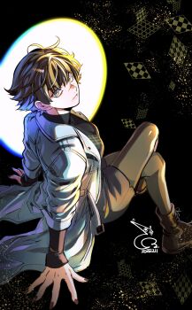 Rule 34 | 1girl, absurdres, baehee5502, black hair, black nails, dated, devil may cry (series), green eyes, heterochromia, highres, jacket, lady (devil may cry), looking at viewer, nail polish, red eyes, scar, scar on face, scar on nose, short hair, signature, sitting, white jacket