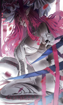 1girl absurdres baobhan_sith_(fate) baobhan_sith_(third_ascension)_(fate) black_gloves breasts commentary dress elbow_gloves english_commentary fangs fate/grand_order fate_(series) frilled_hat frills gag gloves grey_eyes hair_intakes hair_ornament hairclip hat highres kneeling large_breasts long_hair makeup making-of_available pale_skin pink_hair pointy_ears revision rororo runny_makeup solo thighhighs thighs torn_clothes torn_dress torn_gloves white_background white_dress white_gloves white_hat white_thighhighs