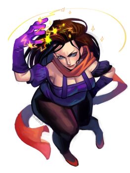 1girl battle_tendency belly breasts brown_hair cleavage electricity electrokinesis face_piercing gloves highres jojo_no_kimyou_na_bouken large_breasts lisa_lisa long_hair mature_female namnums nose_piercing pantyhose piercing scarf shirt shoes solo