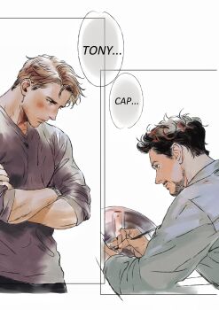 Rule 34 | 2boys, avengers (series), black hair, blonde hair, blue eyes, blush, border, brown eyes, closed mouth, commentary, crossed arms, english commentary, english text, facial hair, fingernails, grey shirt, highres, holding, long sleeves, looking at another, male focus, malkogromit, marvel, multiple boys, outside border, shield, shirt, short hair, simple background, smile, speech bubble, steve rogers, tony stark, upper body, white background, white border, white shirt