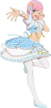 1girl arm_up artist_request blue_ribbon blue_shoes blue_skirt breasts clothing_request copyright_request estellise_sidos_heurassein full_body game_asset green_eyes hair_ribbon highres idol idol_clothes idolmaster jewelry light_blush looking_at_viewer medium_breasts midriff navel necklace official_alternate_costume official_art one_eye_closed open_mouth pink_hair reaching reaching_towards_viewer ribbon shoes short_hair simple_background skirt smile solo standing standing_on_one_leg tales_of_(series) tales_of_asteria tales_of_vesperia thighhighs third-party_source transparent_background white_skirt white_thighhighs