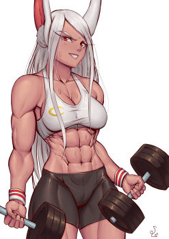 1girl abs absurdres alternate_costume animal_ear_fluff animal_ears bike_shorts blush boku_no_hero_academia breasts cleavage collarbone cowboy_shot crescent_print dark-skinned_female dark_skin dumbbell exercising grin highres long_eyelashes long_hair looking_at_viewer medium_breasts midriff mirko muscular muscular_female navel obliques parted_bangs rabbit_ears rabbit_girl sidelocks signature simple_background smile solo speedl00ver sports_bra sweat sweatdrop nervous_sweating thick_thighs thighs toned tsurime very_long_hair weightlifting white_background wristband