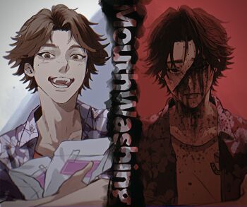 1boy :d brown_eyes brown_hair copyright_name daisuke_(mouthwashing) floral_print highres holding injury jacket light_blush looking_at_viewer male_focus mole mole_under_eye mouthwashing multiple_views open_mouth pink_jacket portrait red_background santa_s88 shirt smile split_screen spoilers white_background yellow_shirt