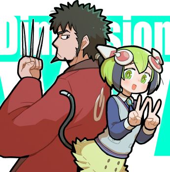 1boy 1girl android beard black_hair blue_shirt blue_vest border coil_(dimension_w) commentary_request copyright_name dimension_w double_v facial_hair from_side green_border green_eyes green_hair highres holding holding_weapon humanoid_robot jacket looking_at_viewer looking_to_the_side mabuchi_kyoma ponytail power_symbol_print red_jacket robot robot_girl shirt short_hair skirt tail takurada v vest weapon white_background yellow_skirt yurizaki_mira