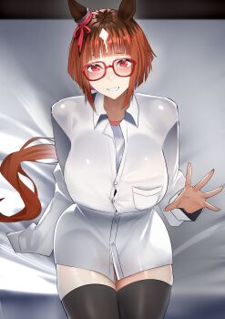 1girl absurdres animal_ears black_thighhighs blunt_bangs blush bob_cut bow breasts brown_hair button_gap collared_shirt commentary_request cowboy_shot ear_ribbon glasses grin highres horse_ears horse_girl horse_tail huge_breasts jitome_no_tsugumi long_sleeves looking_at_viewer multicolored_hair paid_reward_available red-framed_eyewear red_ribbon ribbon roots_(hair) shirt short_hair sitting smile solo tail thighhighs transcend_(umamusume) umamusume undershirt white_shirt