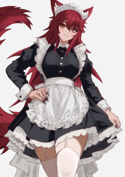 1girl absurdres alternate_costume animal_ears apron black_dress black_nails breasts commentary dress garter_straps hand_on_own_hip highres indie_virtual_youtuber large_breasts long_hair looking_at_viewer maid maid_apron maid_headdress meibin nail_polish red_hair solo tail thighhighs virtual_youtuber white_apron white_background white_garter_straps white_headdress white_thighhighs wolf_ears wolf_girl wolf_tail yellow_eyes zentreya