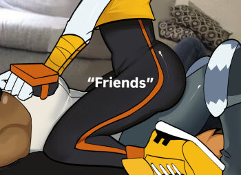 &quot;friends&quot;_meme 2girls ass bad_tag black_pants bodysuit cowgirl_position crop_top dark-skinned_female dark_skin english_text female fingerless_gloves furry gloves idw_publishing indoors lemur_tail leotard lower_body lying male multiple_girls on_person orange_footwear pants reference shoes sitting sitting_on_person sneakers sonic_(series) sonic_the_hedgehog sonic_the_hedgehog_(idw) straddling tail tangle_the_lemur toboy whisper_the_wolf white_leotard yoga_pants yuri