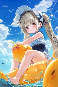 1girl azur_lane bad_source bare_shoulders barefoot bird blush bonnet breasts cloud grey_hair highres little_formidable_(azur_lane) long_hair manjuu_(azur_lane) official_art red_eyes seagull small_breasts solo swim_ring swimsuit tears thighs twintails