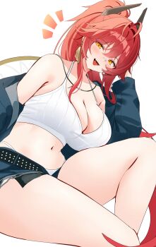 1girl absurdres bandage_on_nose bandaid bandaid_on_face bandaid_on_nose belt black_horns camisole denim denim_jacket denim_shorts exposed_pocket goddess_of_victory:_nikke hat_on_back highres horns jacket mechanical_horns micro_shorts navel official_alternate_costume official_alternate_hairstyle open_belt red_hood_(nikke) red_hood_(retro_days)_(nikke) sayan shorts solo tank_top white_camisole white_tank_top