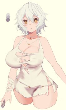 1girl bandaged_arm bandages breasts cleavage code_vein commentary_request cropped_legs dress hair_between_eyes io_(code_vein) jewelry large_breasts looking_at_viewer microdress mrln necklace short_hair simple_background sleeveless sleeveless_dress solo torn_clothes torn_dress variant_set white_dress white_hair yellow_background yellow_eyes