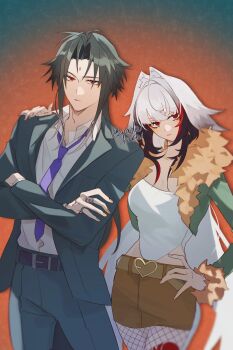 1boy 1girl belt belted_skirt black_hair blue_suit breasts brother_and_sister brown_skirt cleavage closed_mouth commentary_request cowboy_shot crop_top crossed_arms droopy_ears facial_mark fishnet_pantyhose fishnets forehead_mark formal_clothes fur-trimmed_jacket fur_trim gradient_background green_background green_jacket hand_on_own_hip highres jacket jewelry long_hair looking_at_viewer looking_to_the_side medium_breasts multicolored_hair multiple_rings necktie official_alternate_costume orange_background pantyhose parted_bangs purple_necktie red_eyes red_streaks ring shirt siblings silver_ring skirt suit suit_jacket transformation twitter_username very_long_hair white_hair white_shirt ye_shiyuan ye_shunguang zenless_zone_zero zunda_kaku