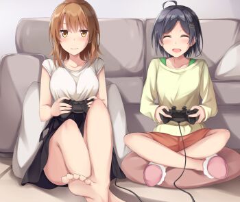 2girls absurdres ahoge barefoot black_hair black_skirt blonde_hair blush closed_mouth collarbone controller couch crossed_legs fang feet full_body game_controller green_shirt hair_ornament highres hikigaya_komachi holding holding_controller isshiki_iroha jii_tomo looking_at_viewer multiple_girls on_floor open_mouth pillow red_footwear red_shorts shirt short_hair shorts sitting skirt slippers soles thighs toes white_shirt x_hair_ornament yahari_ore_no_seishun_lovecome_wa_machigatteiru. yellow_eyes