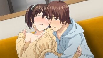 10s 1boy 1girl 2018 animated animated_gif breasts brother_and_sister brown_hair cardigan censored clothes_lift clothes_pull couch groping groping_breast hood hoodie incest large_breasts mayu_(nee_shiyo) mosaic_censoring navel nee_shiyo panties pants queen_bee_(animation_studio) siblings spread_legs sweat tagme takuya_(nee_shiyo) thighhighs twintails underwear