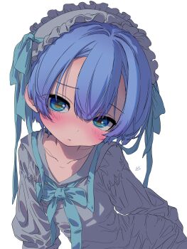 1boy absurdres blue_eyes blue_hair bonnet closed_mouth collarbone commentary_request crossdressing crossdressing_(mtf) double-parted_bangs dress frilled_bonnet frills grey_bonnet grey_dress hair_between_eyes highres looking_at_viewer made_in_abyss male_focus maruruk sekaineko_001 short_hair simple_background sitting solo upper_body white_background