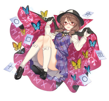 Rule 34 | 1girl, :d, ass, black cape, black hat, black ribbon, black shoes, brown hair, bubble, bug, butterfly, cape, collared shirt, convenient leg, fedora, female focus, glasses, gloves, hair over shoulder, hair tie, hands up, hat, hat ribbon, holding, holding unworn cape, holding unworn clothes, insect, kneehighs, knees up, light particles, loafers, long sleeves, miniskirt, neck ribbon, open mouth, pentagram, plaid clothes, plaid skirt, plaid vest, purple skirt, purple vest, red-framed eyewear, red eyes, ribbon, runes, semi-rimless eyewear, shiromikan, shirt, shoe soles, shoes, simple background, skirt, smile, socks, solo, star (symbol), swept bangs, tareme, thighs, touhou, twintails, under-rim eyewear, unworn cape, usami sumireko, vest, white background, white gloves, white ribbon, white shirt, white socks