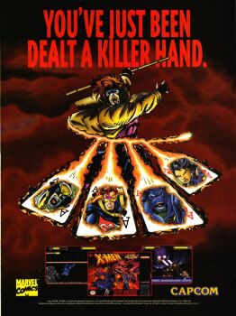 1girl 6+boys apocalypse_(marvel) beast_(x-men) capcom card coat cyclops_(x-men) gambit gloves marvel mask multiple_boys official_art playing_card powering_up promotional_art psylocke purple_hair red_hair staff video_game wolverine_(x-men) x-men x-men:_mutant_apocalypse