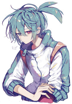 Rule 34 | 1boy, blue eyes, blue hair, blue jacket, closed mouth, commentary request, double-parted bangs, griffon0416, hair between eyes, heterochromia, highres, jacket, long sleeves, looking at viewer, male focus, multicolored jacket, puyopuyo, red eyes, short hair, sidelocks, sig (puyopuyo), simple background, solo, upper body, white background, white jacket, zipper, zipper pull tab