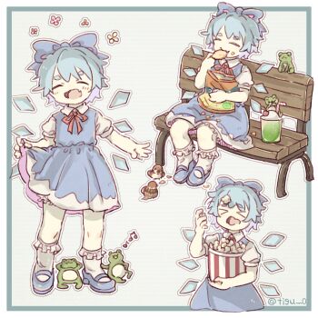 Rule 34 | > <, 1girl, bench, bird, blue bow, blue dress, blue hair, blue shoes, bow, chigu, chips (food), cirno, closed eyes, collared shirt, commentary request, detached wings, dress, drinking straw, eating, facing viewer, fang, food, food on face, frog, hair bow, highres, ice, ice wings, mary janes, multiple views, musical note, neck ribbon, on bench, open mouth, pinafore dress, popcorn, puffy short sleeves, puffy sleeves, red ribbon, ribbon, shirt, shoes, short sleeves, sitting, skin fang, sleeveless, sleeveless dress, smile, socks, touhou, twitter username, white shirt, white socks, wings