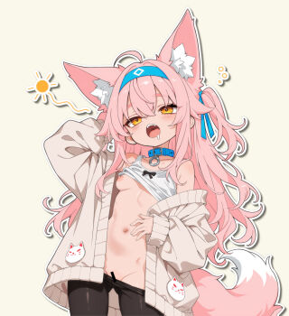 1girl :o ahoge animal_collar animal_ears bar_censor black_bow black_pantyhose blue_collar blue_hairband bow breasts brown_background brown_cardigan cardigan censored clothes_lift clothes_pull collar cowboy_shot drooling drop_shadow fang fox_ears fox_girl fox_tail hairband hand_on_own_stomach hand_up loli long_hair long_sleeves mouth_drool mutsuse navel nipples no_bra no_panties off_shoulder one_breast_out open_cardigan open_clothes open_mouth original outline pantyhose pantyhose_pull pink_hair pink_tail saliva single_off_shoulder small_breasts solo squeans standing stomach tail tank_top white_outline white_tank_top yellow_eyes